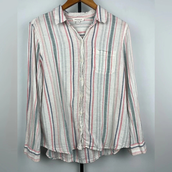 Beachlunchlounge White Multicolor Linen Blend Button Up Striped Long Sleeve Top - Picture 1 of 6